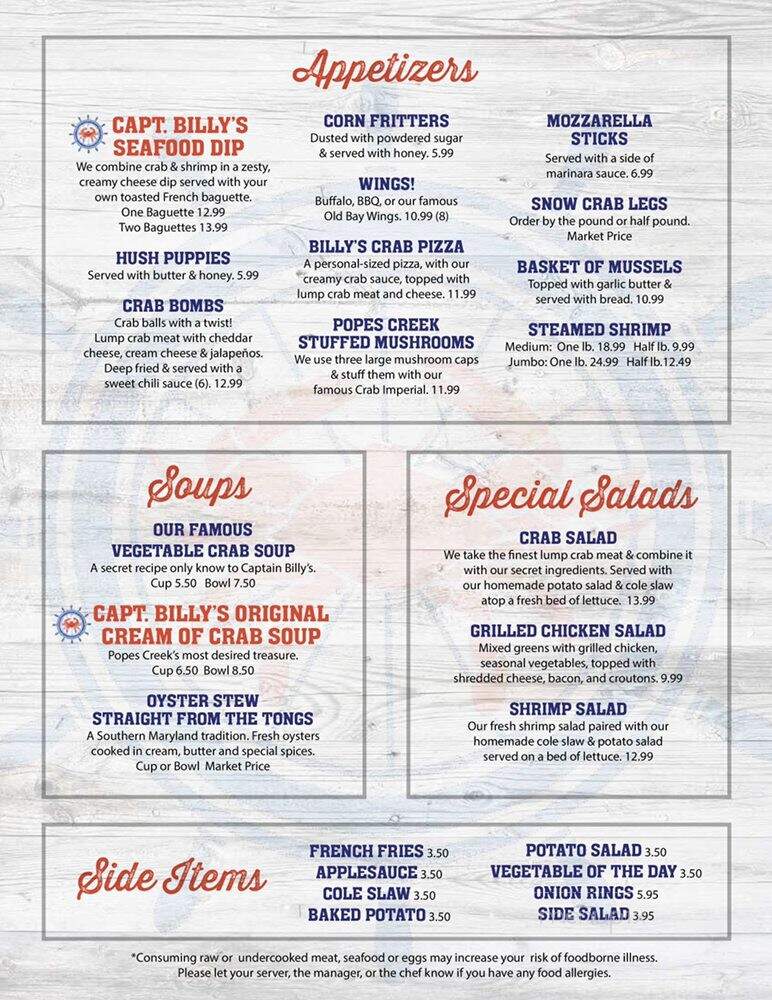 Captain Billy's Crab House - Newburg, MD menu_pic