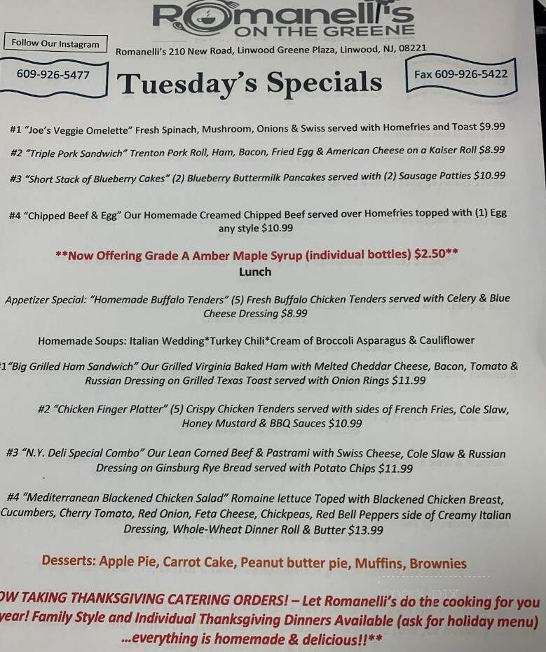 Romanelli's On The Greene - Linwood, NJ menu_pic