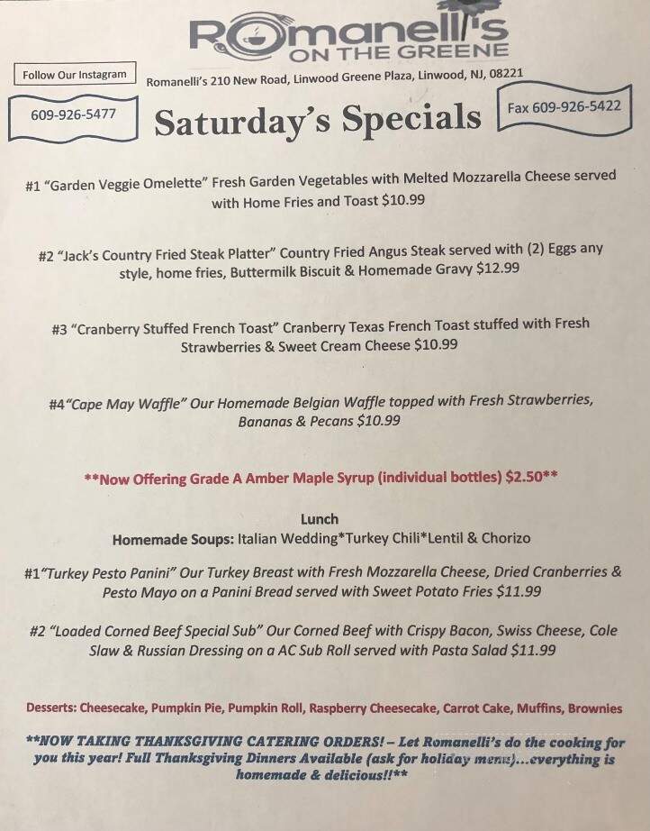 Romanelli's On The Greene - Linwood, NJ menu_pic