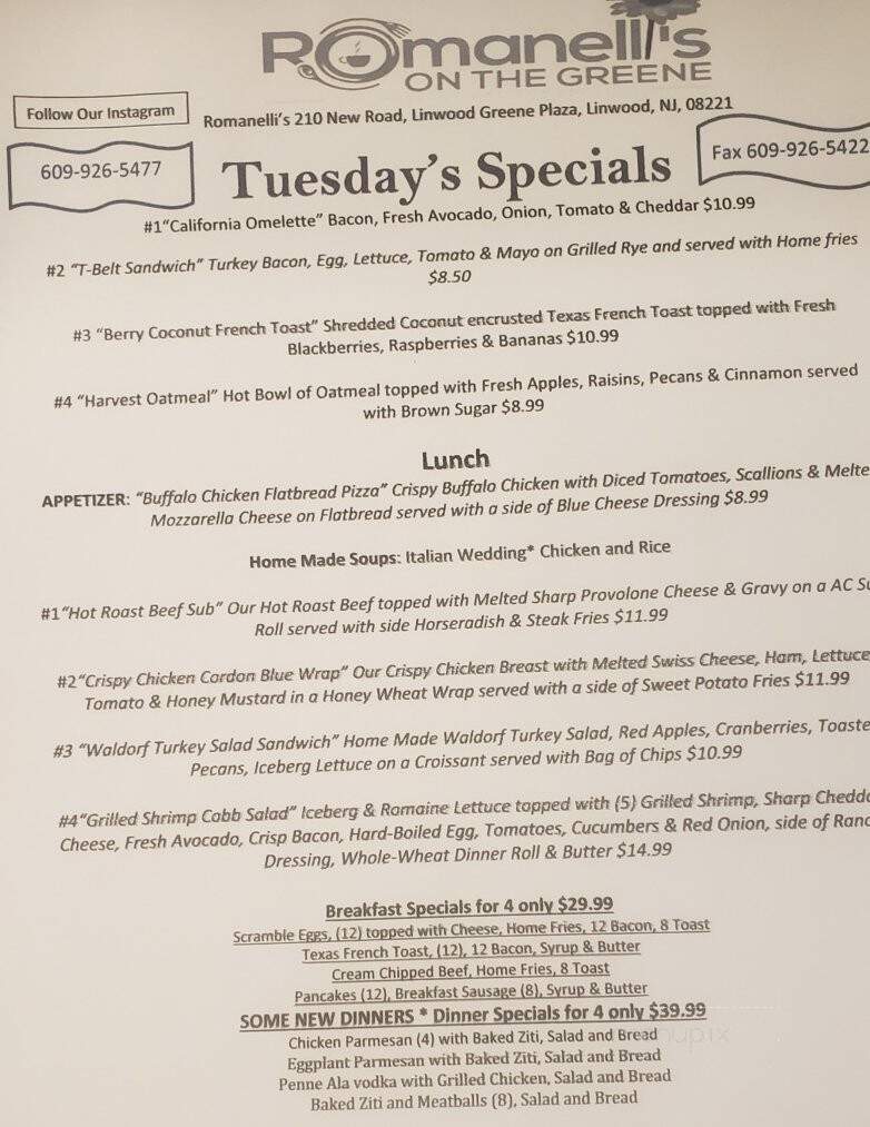 Romanelli's On The Greene - Linwood, NJ menu_pic
