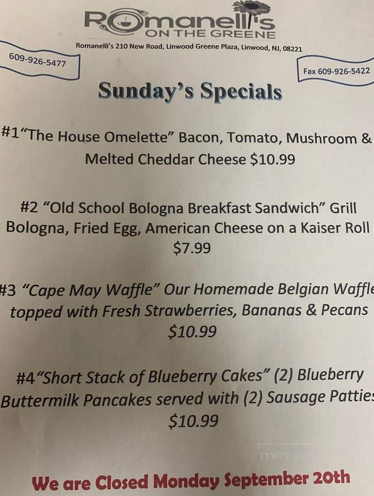 Romanelli's On The Greene - Linwood, NJ menu_pic
