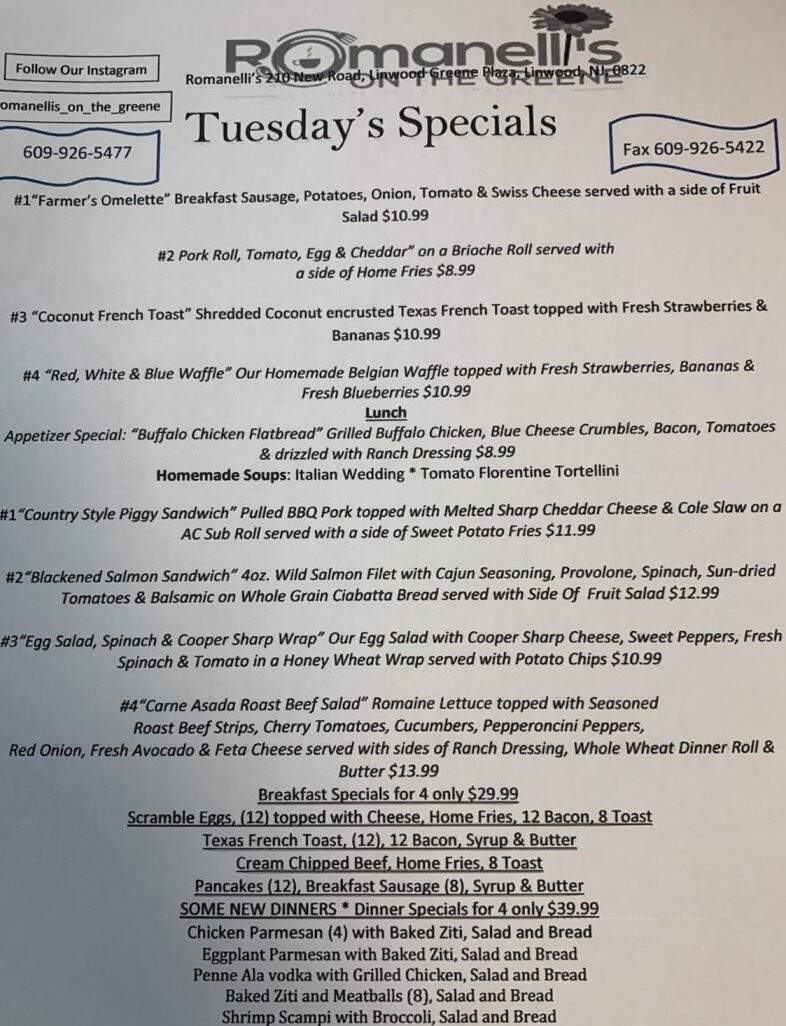 Romanelli's On The Greene - Linwood, NJ menu_pic