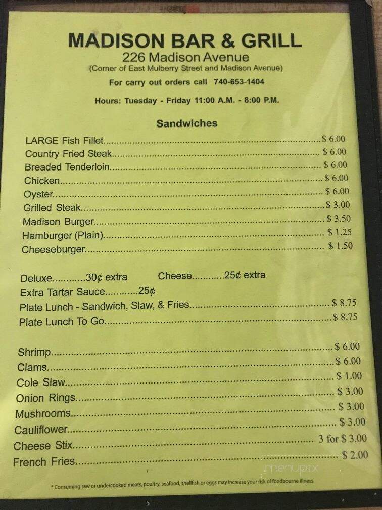 Madison's Bar & Grill - Lancaster, OH menu_pic