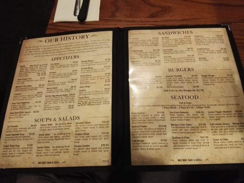Mic Mac Bar and Grill - Halifax, NS menu_pic