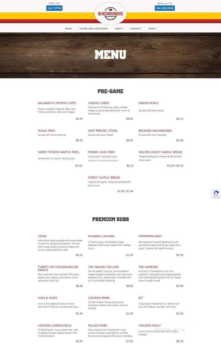 Benchwarmers Restaurant and Delivery - Tiffin, OH menu_pic