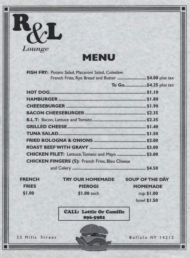 R&L Lounge - Buffalo, NY menu_pic