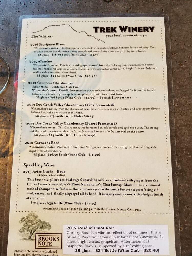 Trek Winery - Novato, CA menu_pic