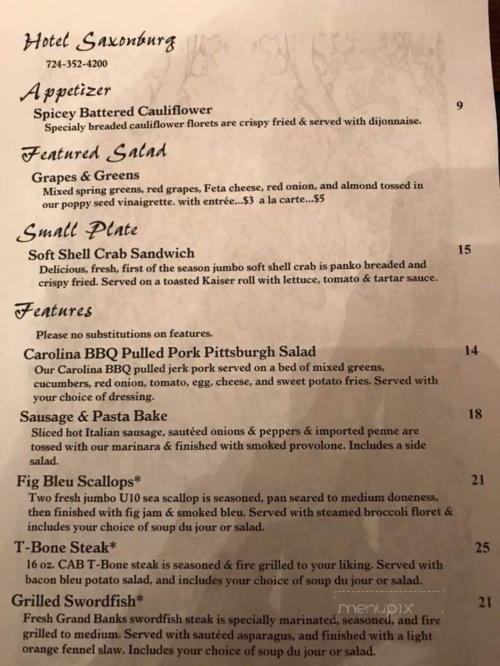 Hotel Saxonburg - Saxonburg, PA menu_pic