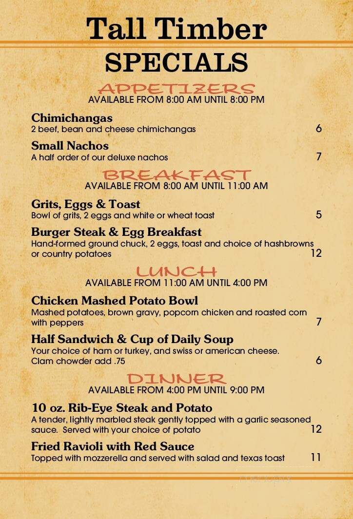 Tall Timber Restaurant - Randle, WA menu_pic