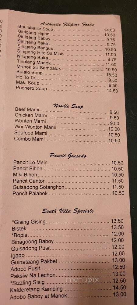South Villa Restaurant - Sacramento, CA menu_pic