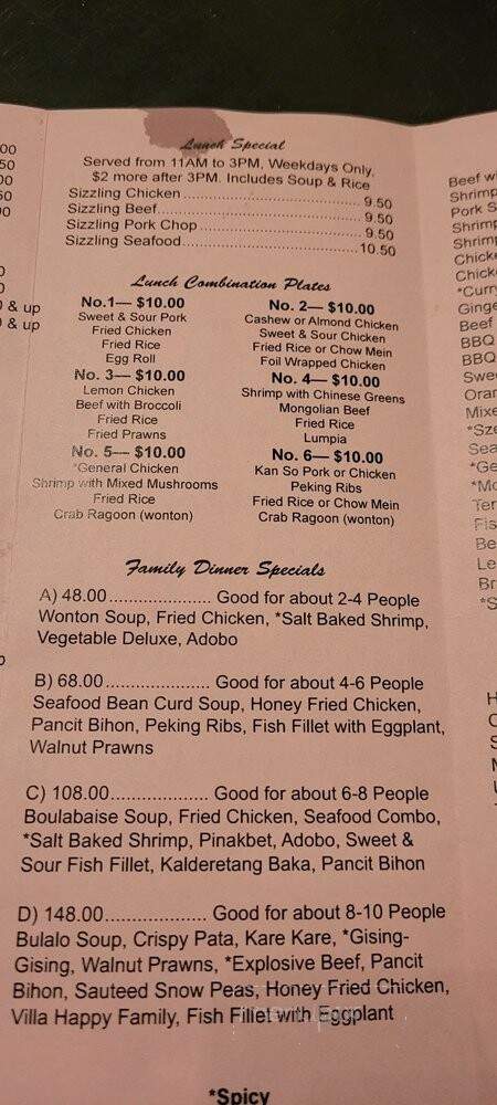 South Villa Restaurant - Sacramento, CA menu_pic