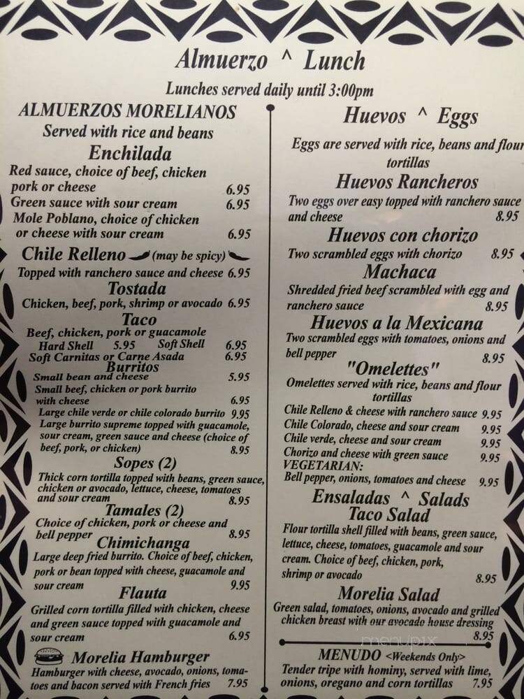 Morelia Mexican Restaurant - Jamestown, CA menu_pic