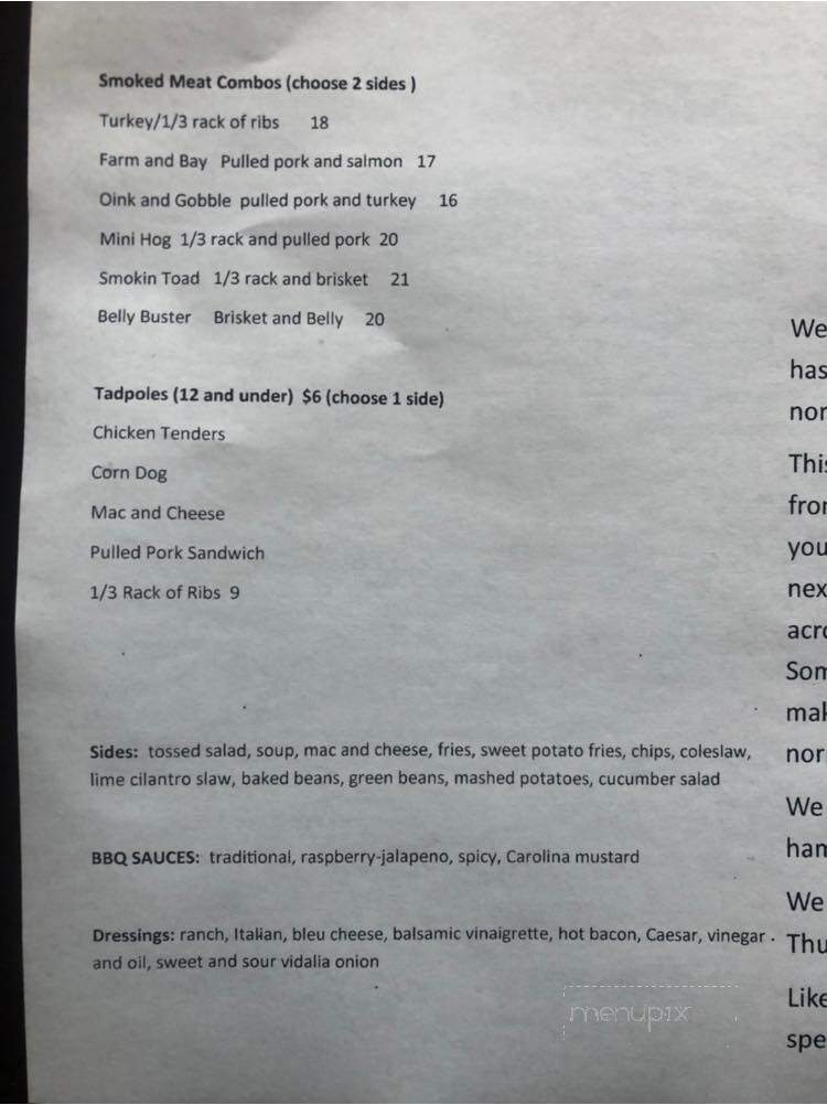 Smokin' Toads BBQ - Sarver, PA menu_pic