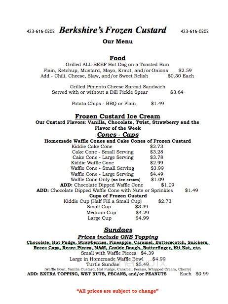 Berkshire's Old Fashioned Frozen Custard - Morristown, TN menu_pic