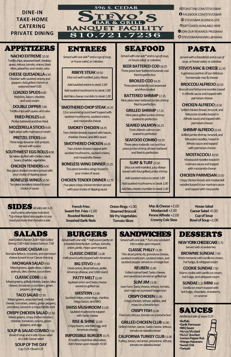 Stevo's Bar & Grill Banquet Facility - Imlay City, MI menu_pic
