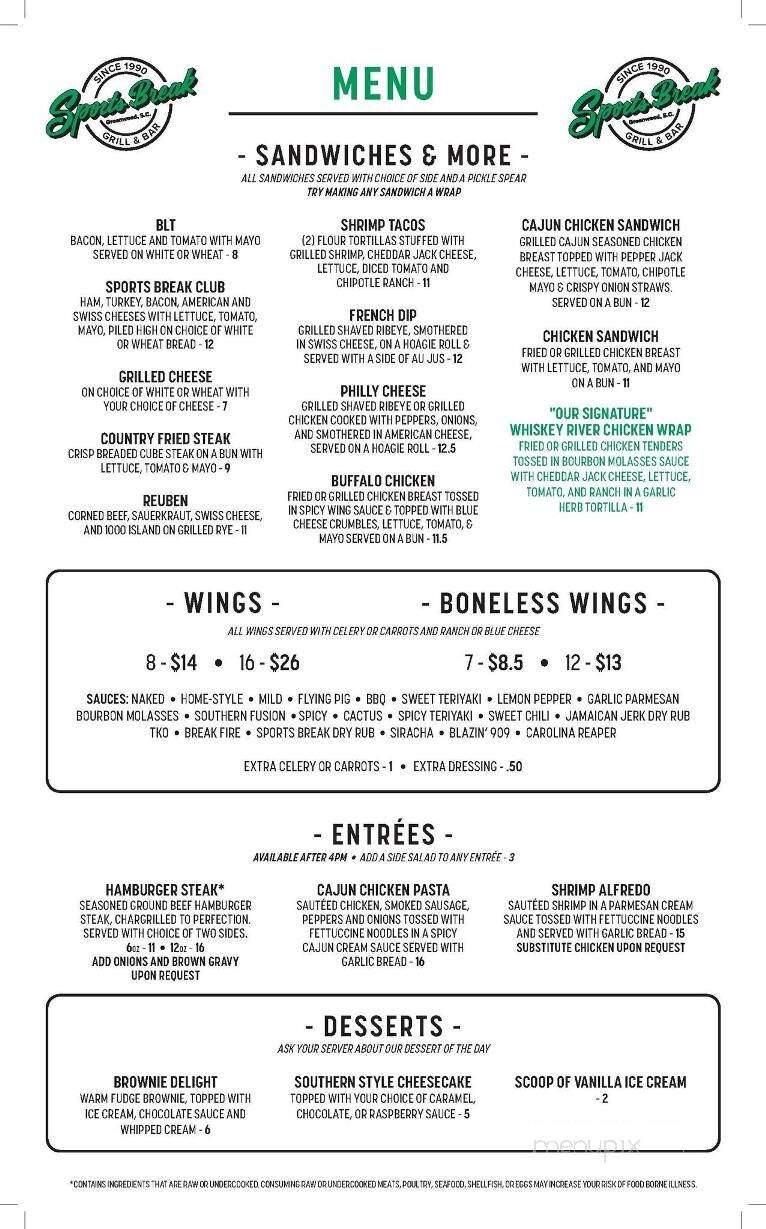 Sports Break - Greenwood, SC menu_pic