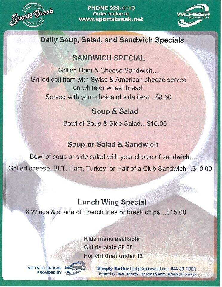 Sports Break - Greenwood, SC menu_pic