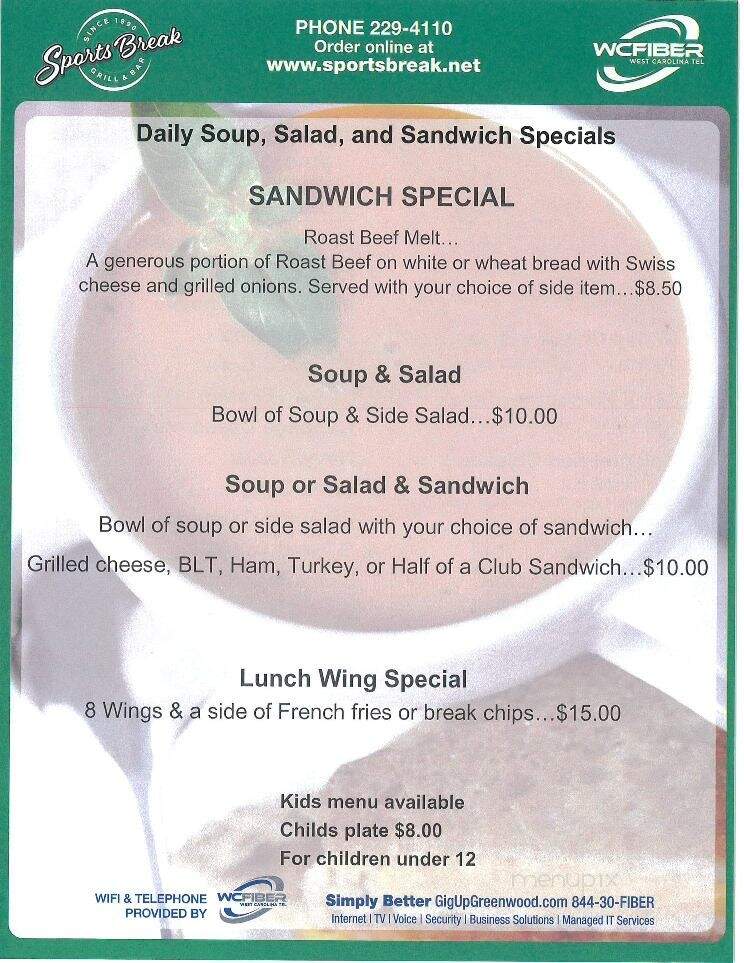 Sports Break - Greenwood, SC menu_pic