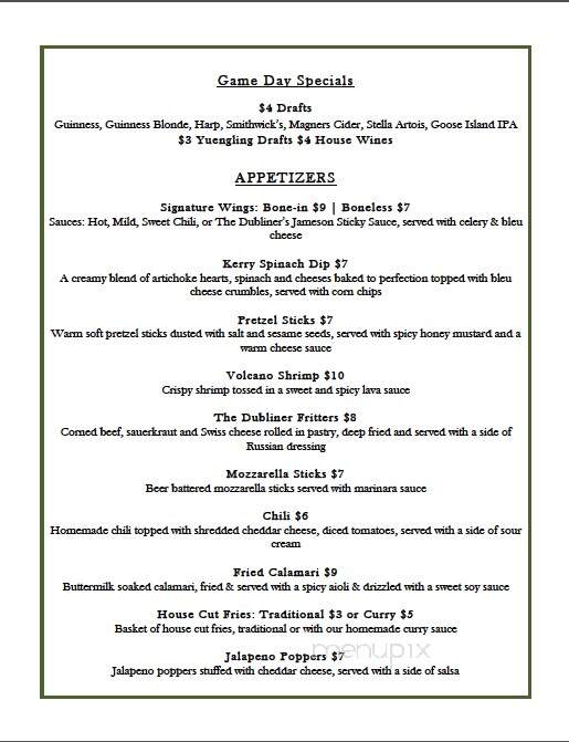 The Dubliner on the Delaware - New Hope, PA menu_pic