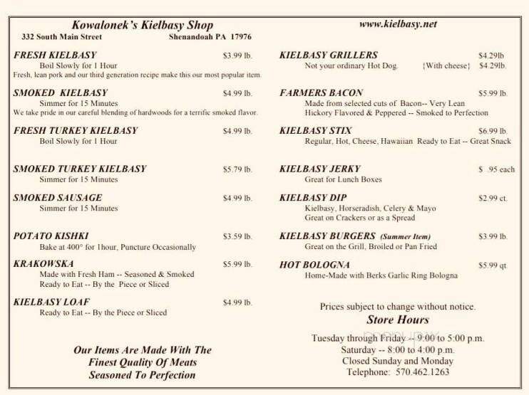 Kowlonek's Kielbasy Shop - Shenandoah, PA menu_pic