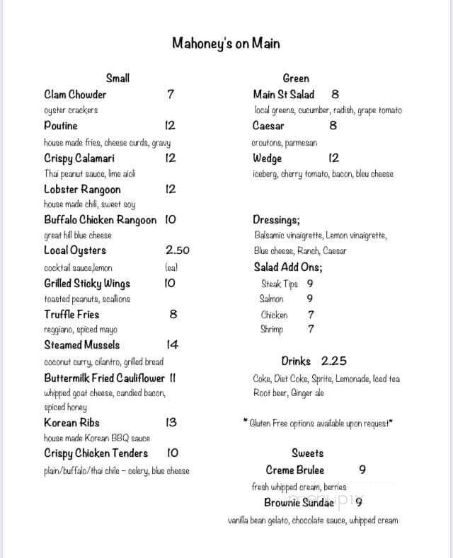 Mahoney's on Main - Bourne, MA menu_pic