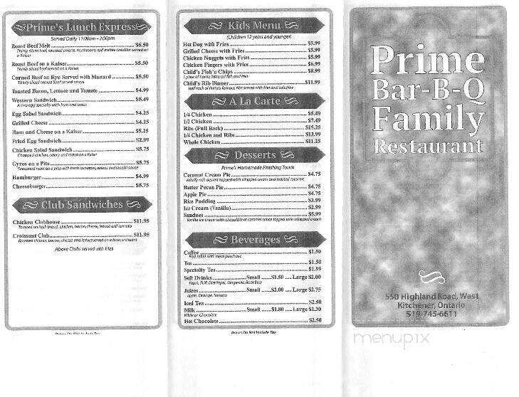Prime Bar-B-Q Restaurant - Kitchener, ON menu_pic