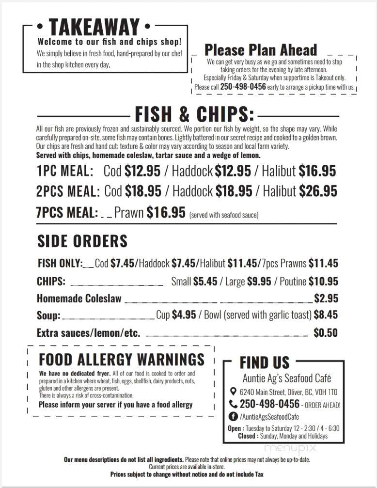 Auntie Ag's - Oliver, BC menu_pic