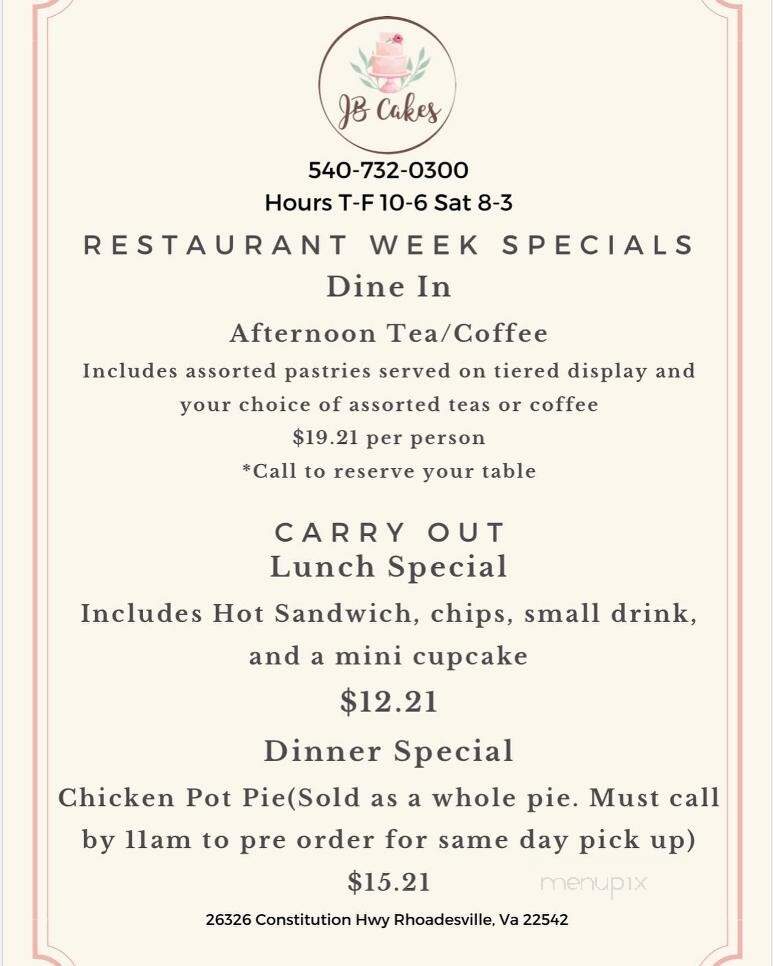 JB Cakes Bakery Bistro - Rhoadesville, VA menu_pic