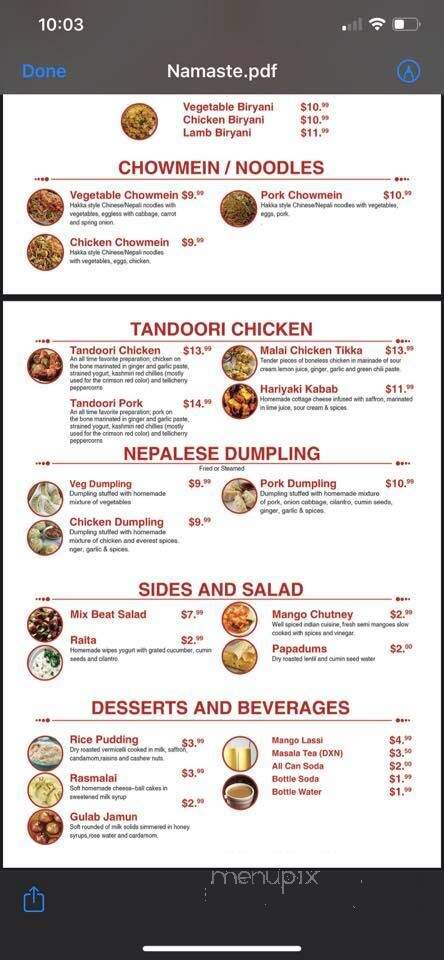 Namaste Indian-Nepali Kitchen - Montpelier, VT menu_pic