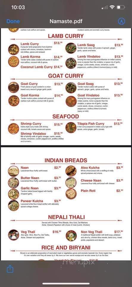 Namaste Indian-Nepali Kitchen - Montpelier, VT menu_pic