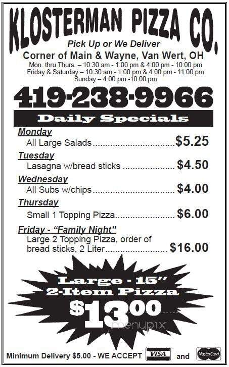 Klosterman Pizza Co - Van Wert, OH menu_pic