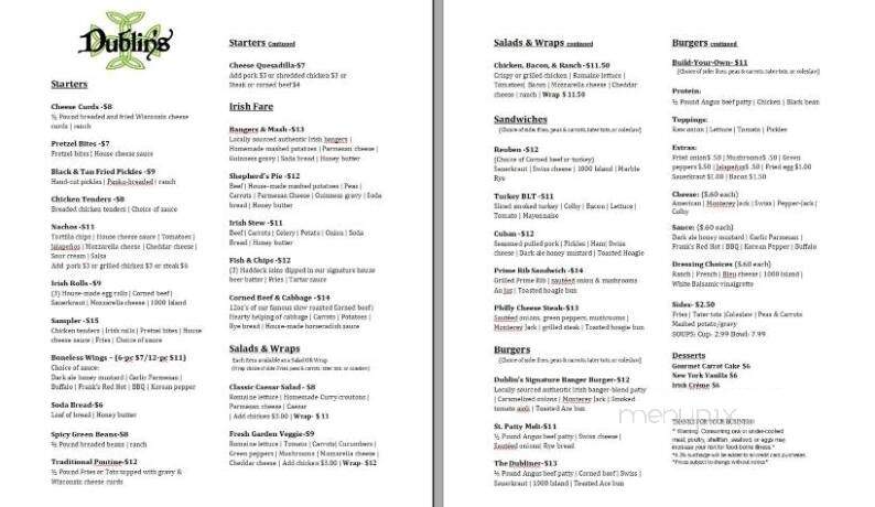Dublin's Irish Pub - Oshkosh, WI menu_pic