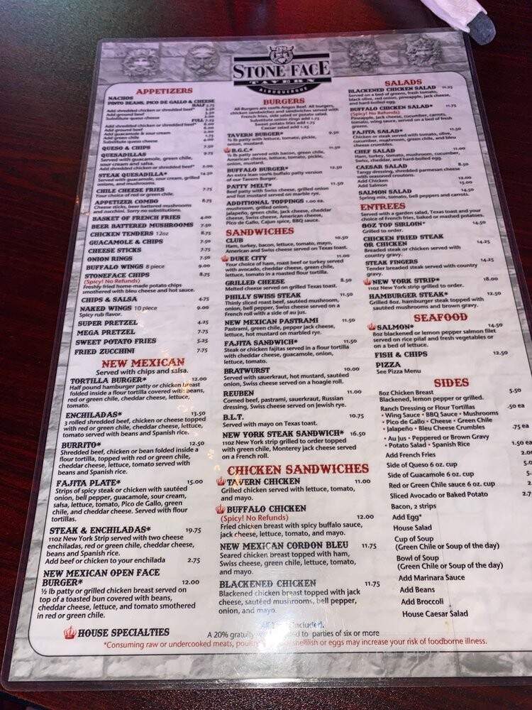 Stone Face Tavern - Albuquerque, NM menu_pic