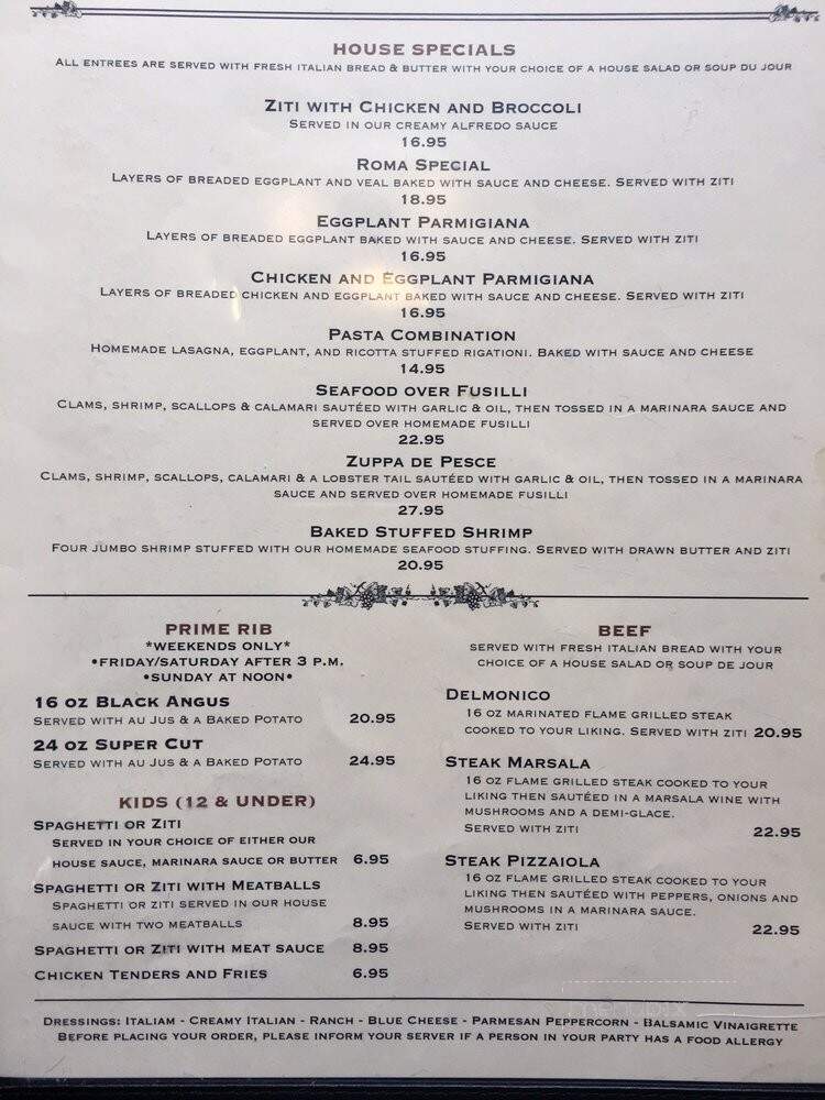 Roma Restaurant - Southwick, MA menu_pic