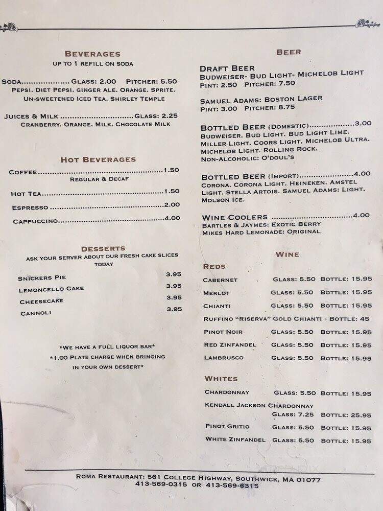 Roma Restaurant - Southwick, MA menu_pic