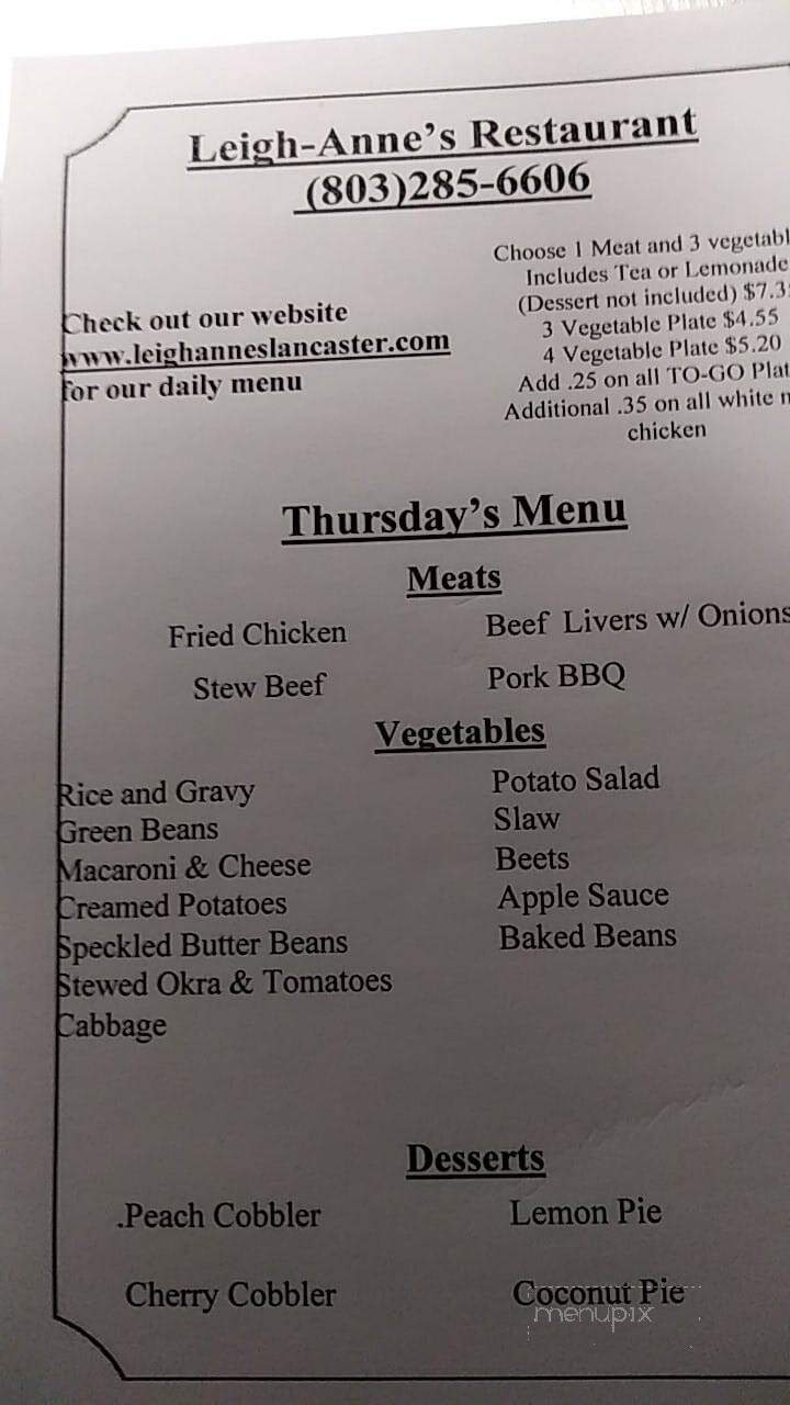 Leigh-Anne's Restaurant - Lancaster, SC menu_pic