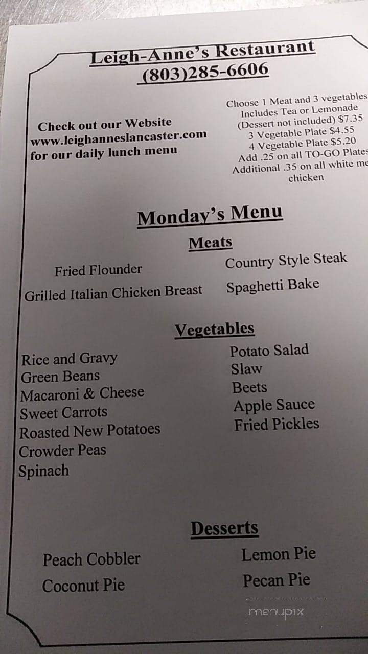 Leigh-Anne's Restaurant - Lancaster, SC menu_pic