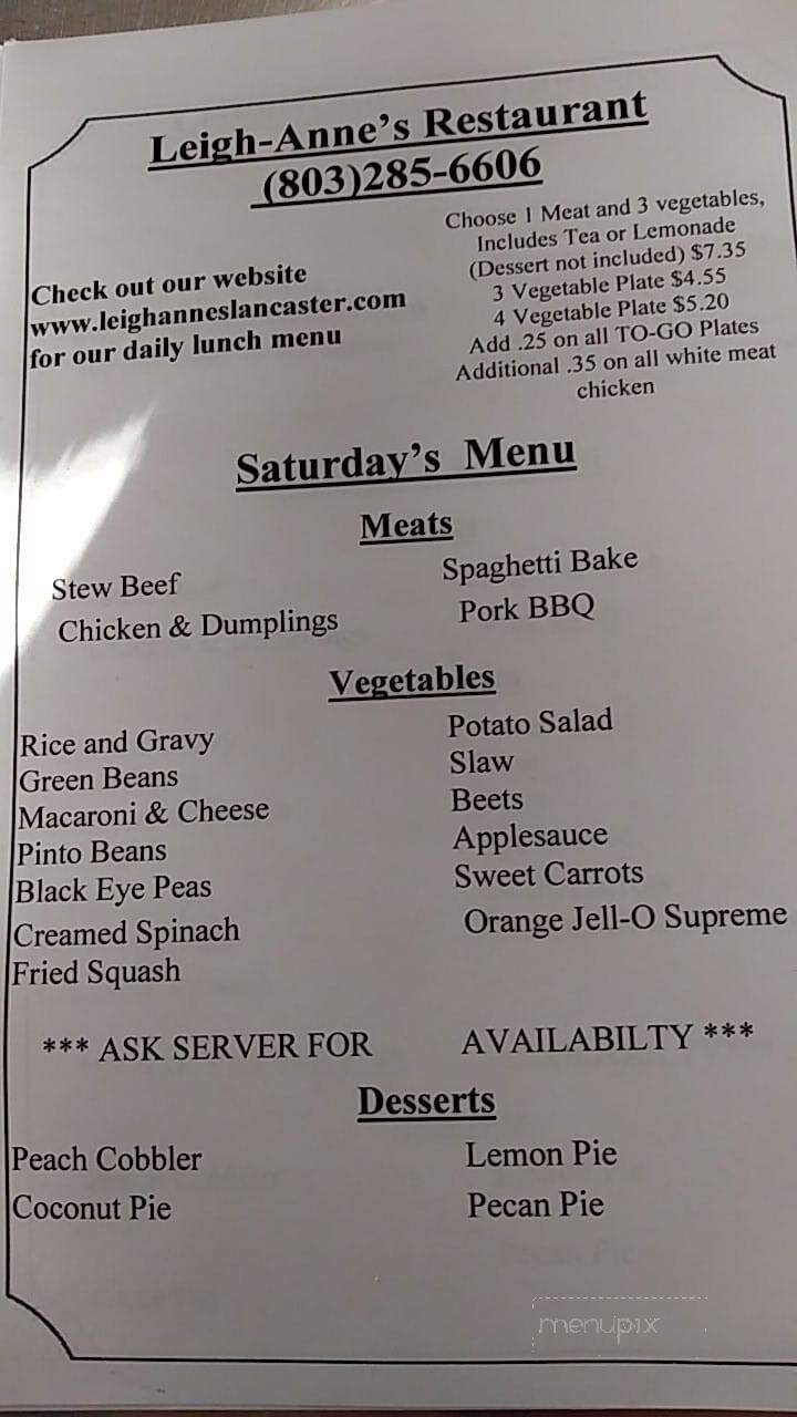 Leigh-Anne's Restaurant - Lancaster, SC menu_pic