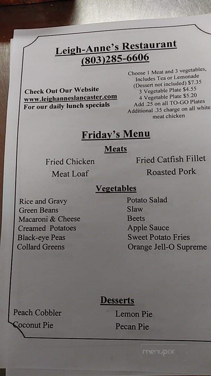 Leigh-Anne's Restaurant - Lancaster, SC menu_pic