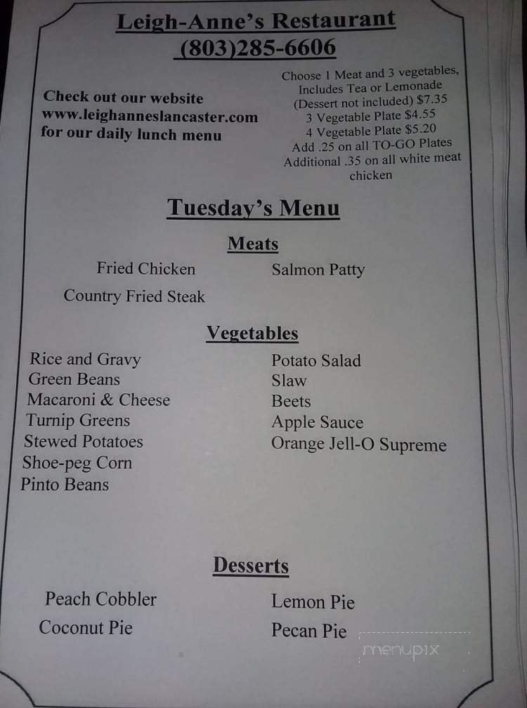 Leigh-Anne's Restaurant - Lancaster, SC menu_pic