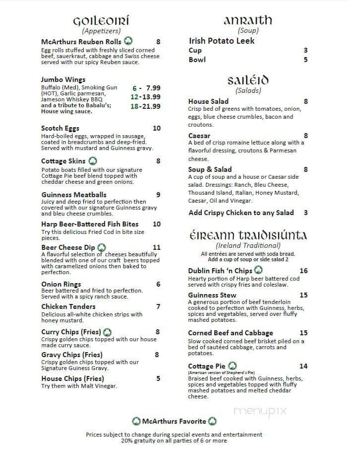 McArthur's Irish Pub - St. Petersburg, FL menu_pic