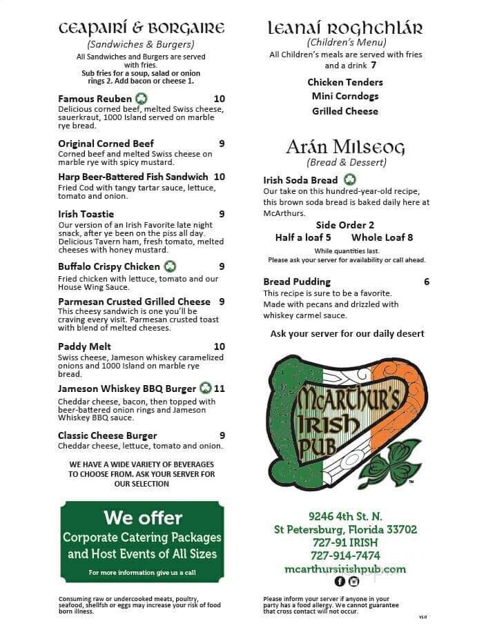 McArthur's Irish Pub - St. Petersburg, FL menu_pic