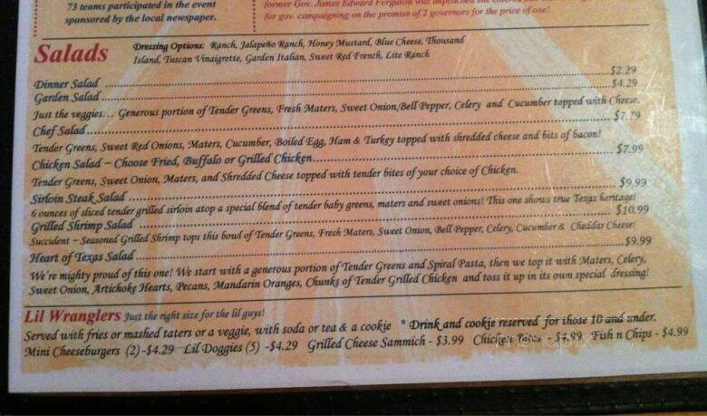 Texas Great Country Cafe - Whitney, TX menu_pic