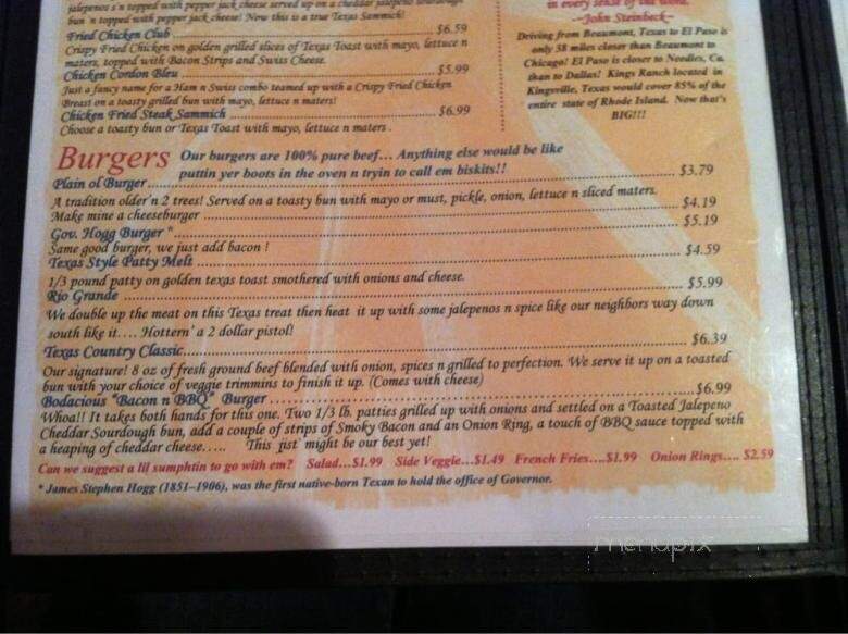 Texas Great Country Cafe - Whitney, TX menu_pic