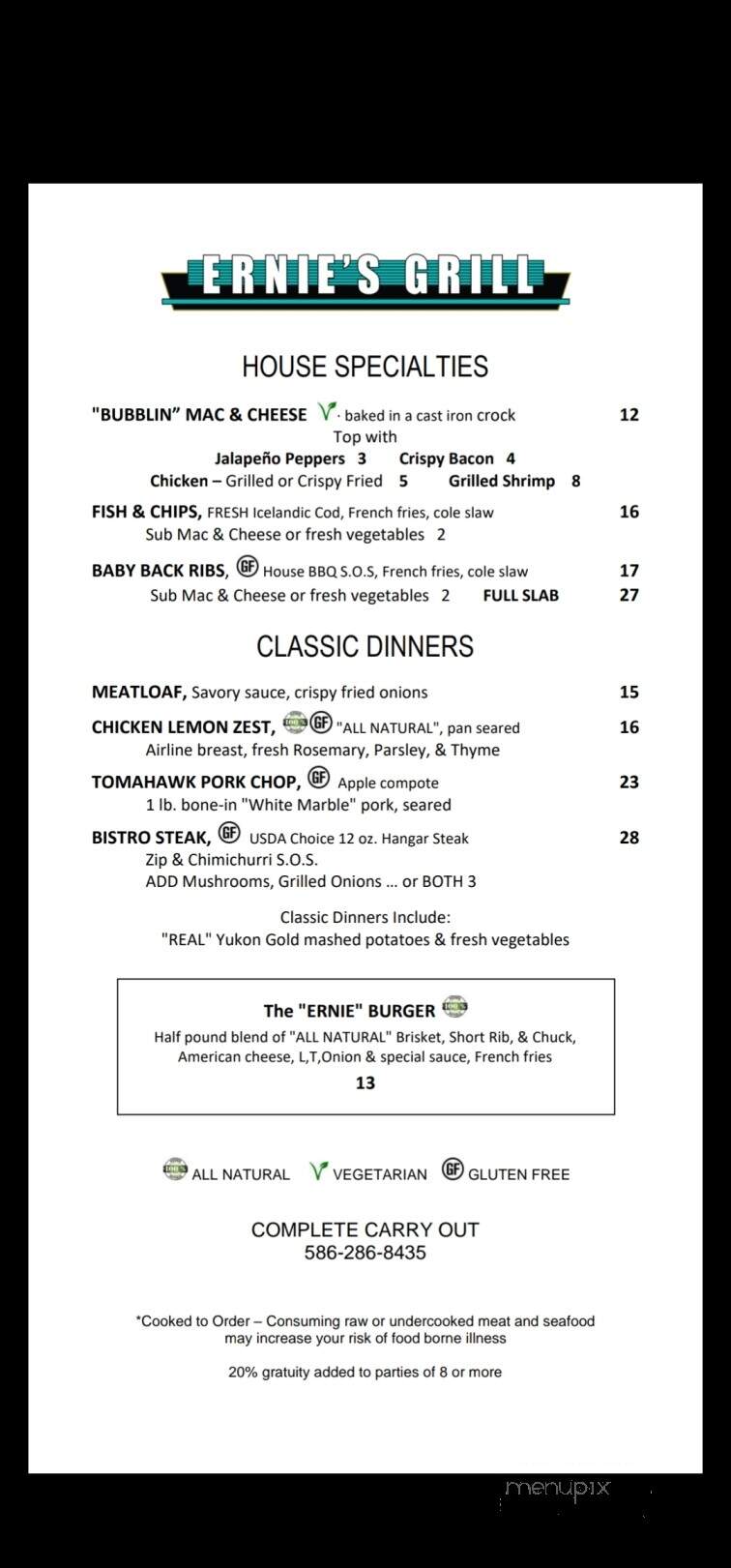 Ernie's - Clinton Township, MI menu_pic