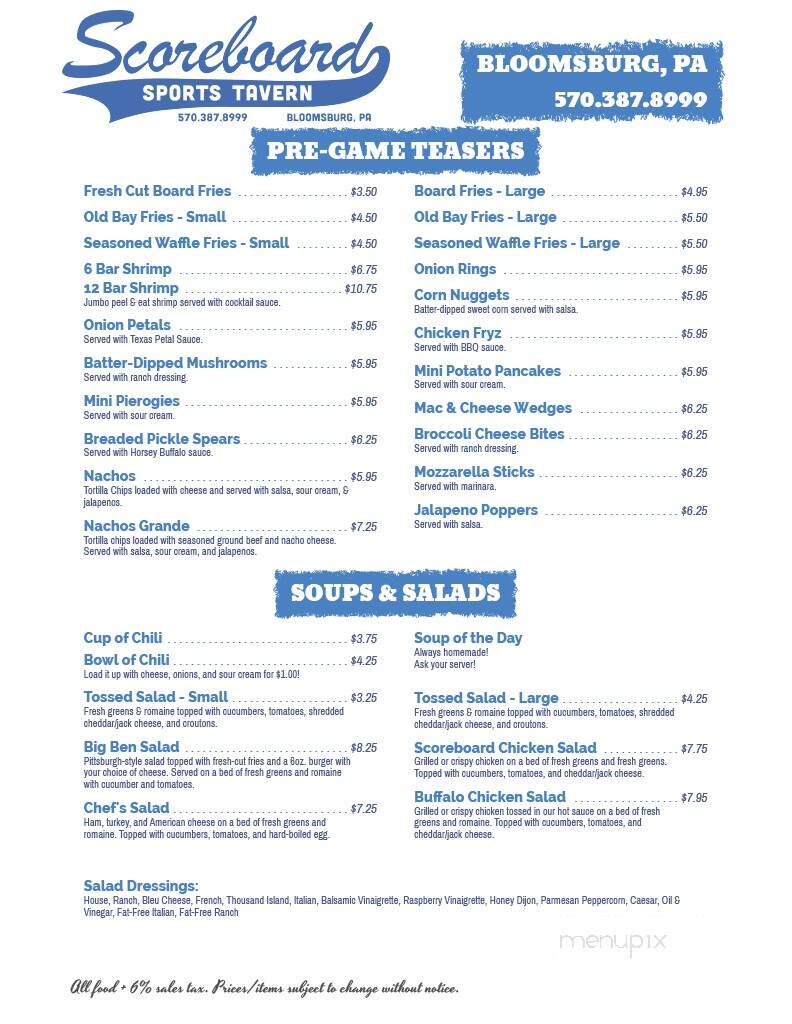 Scoreboard Sports Tavern - Bloomsburg, PA menu_pic