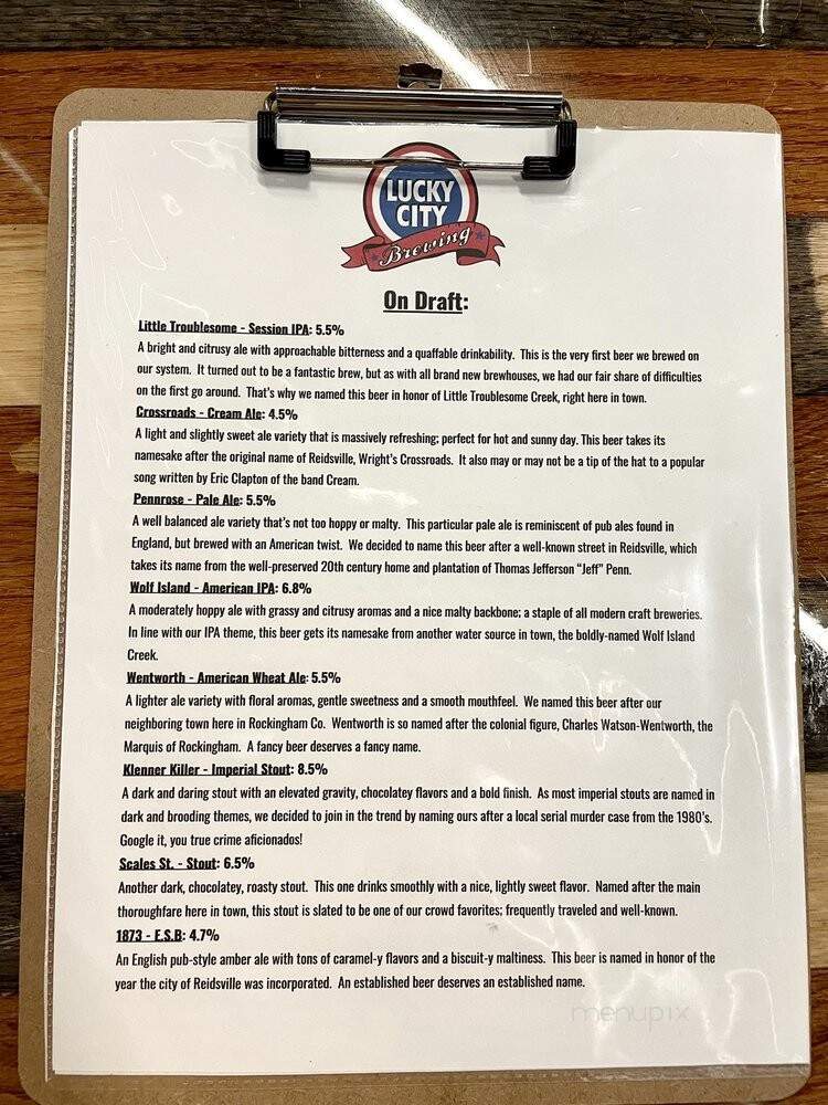 Lucky City Brewing Co-op - Reidsville, NC menu_pic