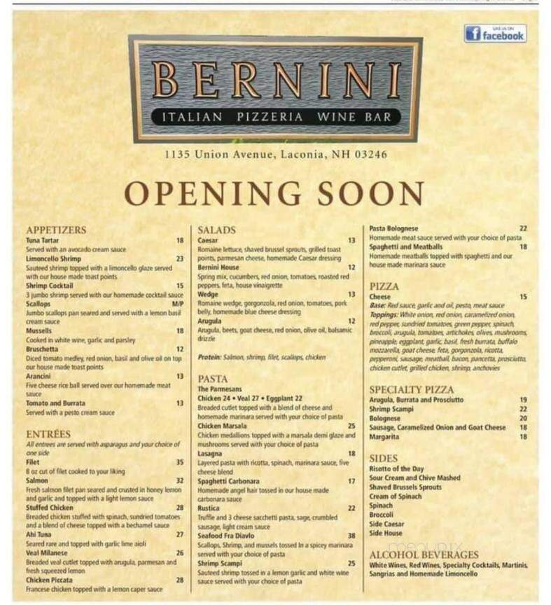 Bernini Pizzeria and Wine Bar - Laconia, NH menu_pic