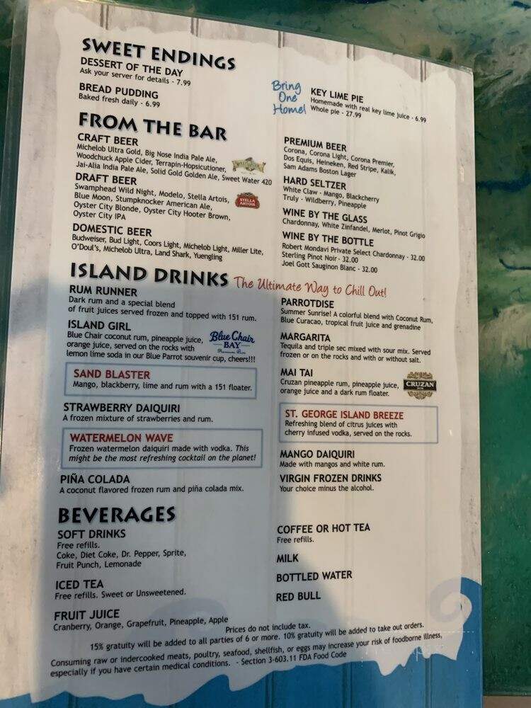 Blue Parrot Ocean Front Cafe - St George Island, FL menu_pic