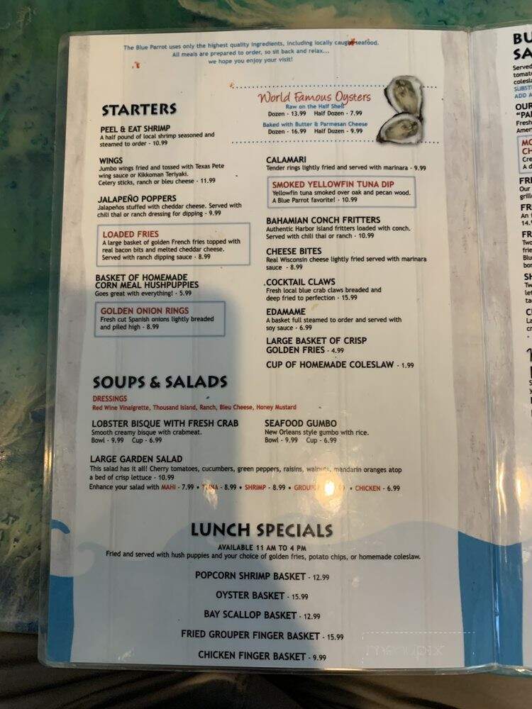 Blue Parrot Ocean Front Cafe - St George Island, FL menu_pic